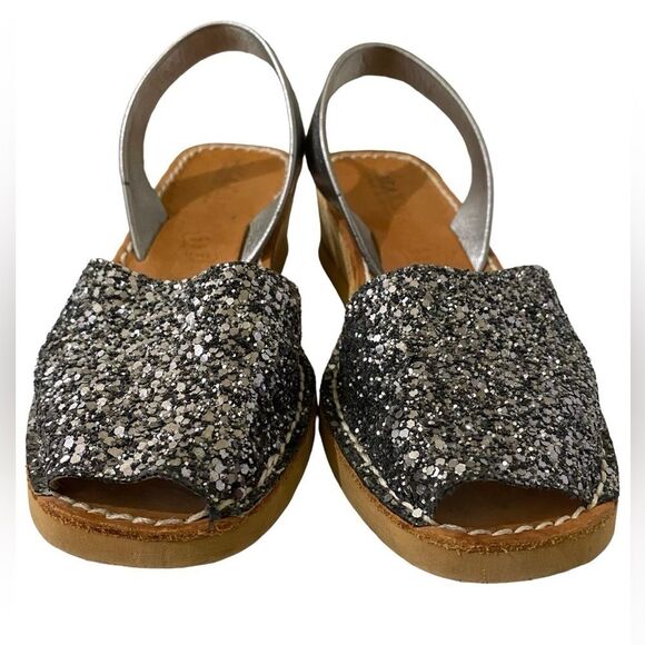 Calaxini Leather Black Silver Glitter Low Wedge Sling Back Sandals Made in Spain - Picture 5 of 12